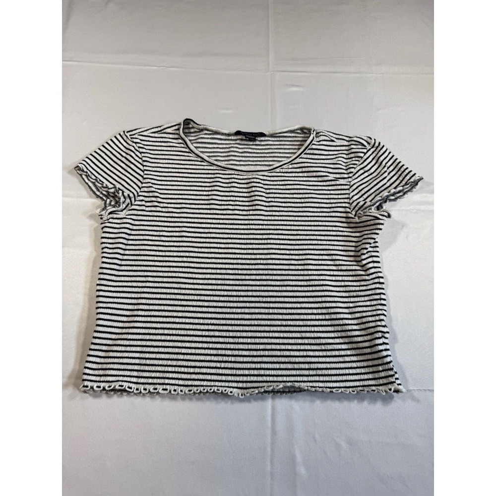 American Eagle Black & White Striped Ruffle Trim Round Neck Tee XS Women's